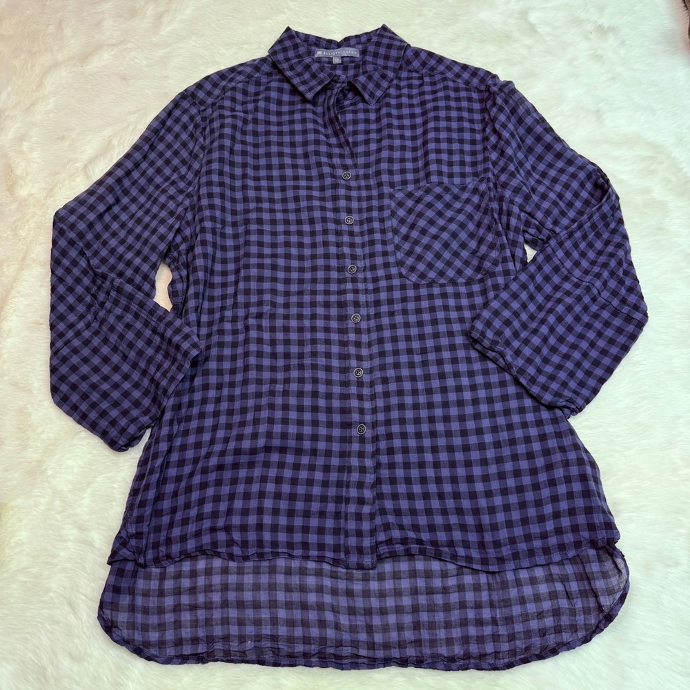 Elliott Lauren Button Down Women 12 Navy Blue Gingham High Low Hem Shirt